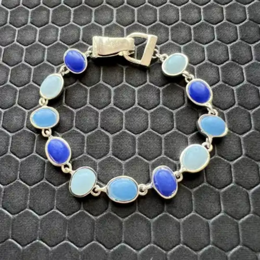 Sea Glass Bracelet with Light and Dark Blue Sea Glass Made of .925 Silver